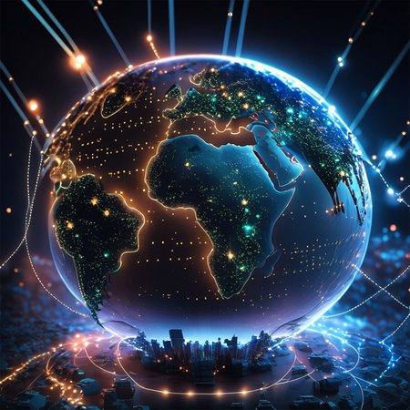 Planet Earth with city and lights. Globalization concept. 3D renderingの素材