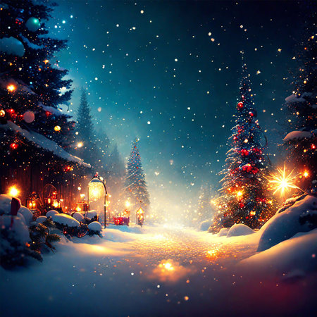 Christmas background with snowy road, Christmas tree, lanterns and snowdriftsの素材