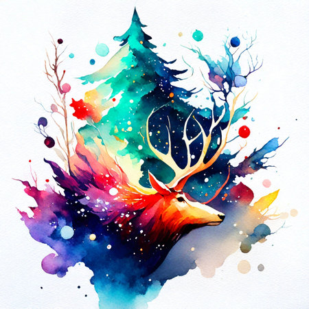 Watercolor deer with Christmas tree. Hand drawn illustration for design.の素材