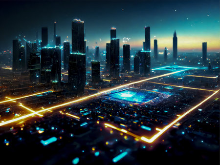 Futuristic city at night with glowing lights. 3d renderingの素材