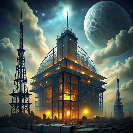 3D illustration of a construction site in the moonlight with the Eiffel Tower in the backgroundの素材