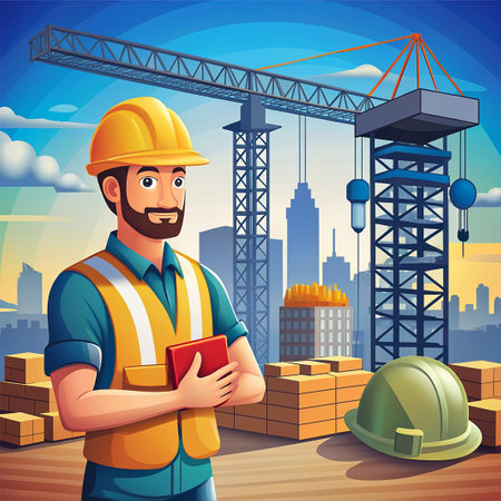 Construction worker on construction site background. Vector illustration in cartoon style.の素材