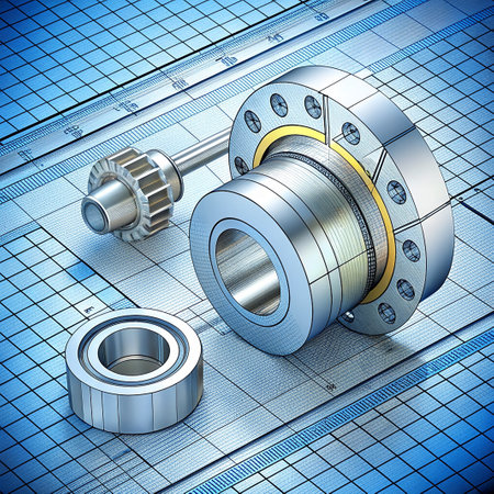 3d illustration of gearbox and bearings over blueprint background with gridの素材