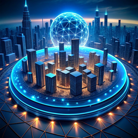 3D illustration of a futuristic city with a luminous sphere on the background of the city.の素材
