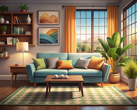 Interior of living room with blue sofa, coffee table, plants and window. 3D renderの素材