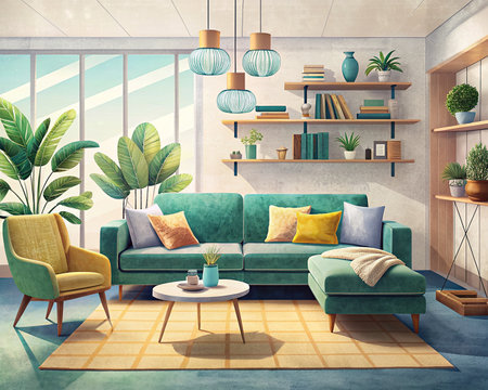 Interior of living room with green sofa, bookshelf, coffee table and plants. 3D renderingの素材