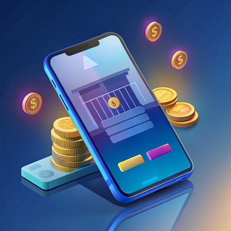 Smartphone with mobile banking app and coins. 3d isometric vector illustration.の素材