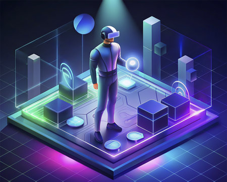 3D isometric virtual reality conceptented reality, metaverse. Vector illustrationの素材