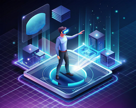 Isometric virtual reality concept. 3d man in virtual reality headset isometric vector illustrationの素材