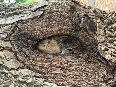 A closeup shot of a tree trunk with a squirrel in itの写真素材