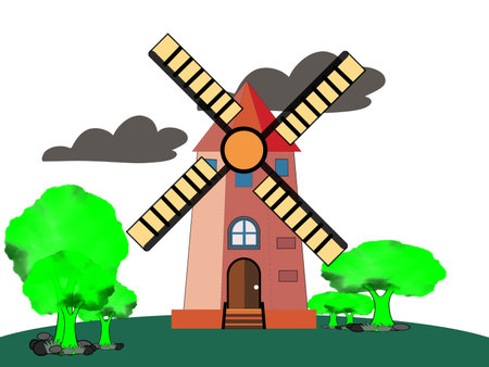 Illustration of a windmill on a background of green trees.の写真素材