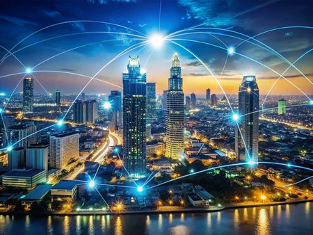 Smart city and internet communication network modernization in smart city. Concept of future 5G wireless digital connecting and social media networking.の素材