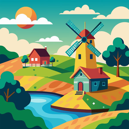 Country landscape with windmill. Vector illustration in flat cartoon style.の素材