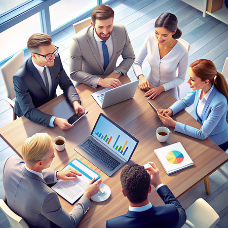 Business people working and communicating in office, sitting at table and using laptop.の素材