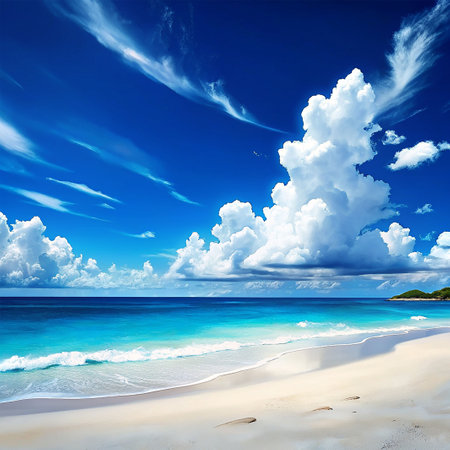 tropical beach under blue sky with white clouds and sunbeamsの素材