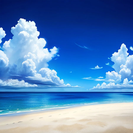beautiful beach and tropical sea under the blue sky with white cloudsの素材