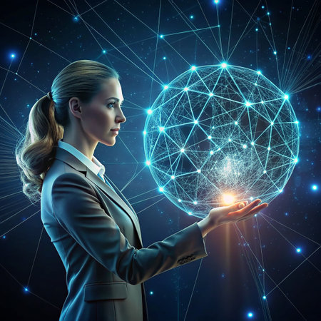 Attractive businesswoman holding global network hologram. 3D renderingの素材