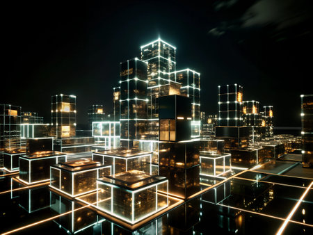 abstract 3d illustration of a modern city with glowing glass cubesの素材