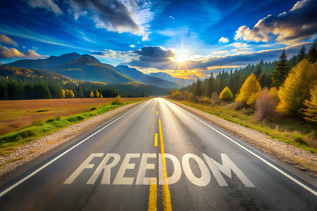 Conceptual image with word freedom on asphalt road leading to mountainsの素材