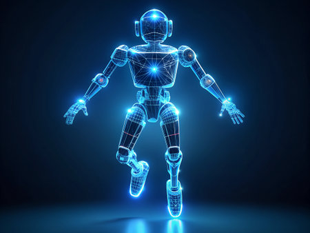 3d rendering cyborg robot with glowing wireframe on dark backgroundの素材