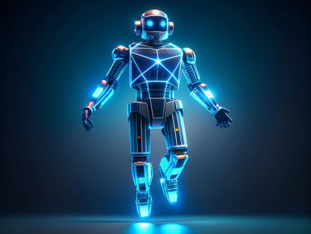 3D rendering of a robot in blue light on a dark backgroundの素材