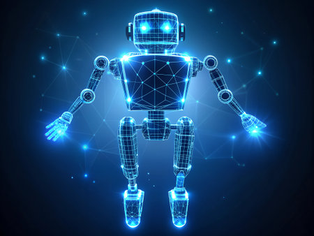 Robot low poly wireframe on blue background. Vector illustration.の素材
