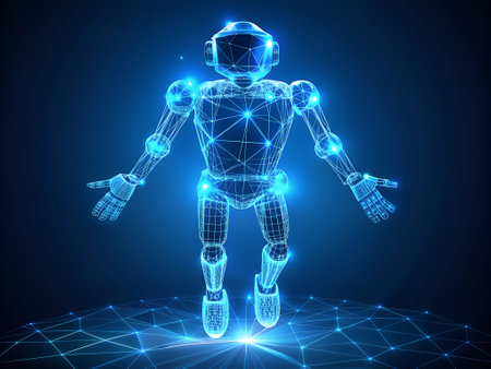 Robot low poly wireframe on blue background. 3d renderingの素材