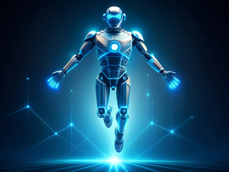 3d rendering humanoid robot or cyborg running in front of blue backgroundの素材