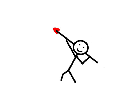 A stick figure drawing conceptual image of a man holding a red arrow.の写真素材