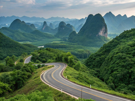 Beautiful landscape of karst mountains and winding road in Chinaの素材