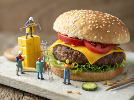 Miniature people : Worker and construction worker with hamburger on wooden backgroundの素材