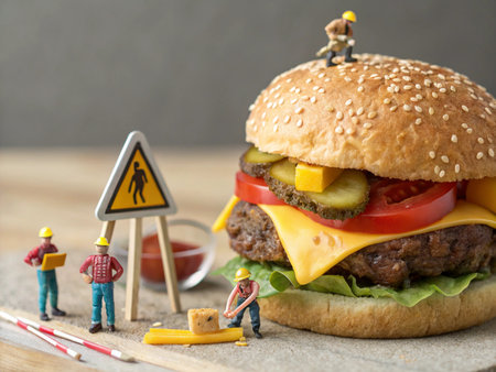 Miniature people : Construction worker making a hamburger with cheese and tomatoの素材