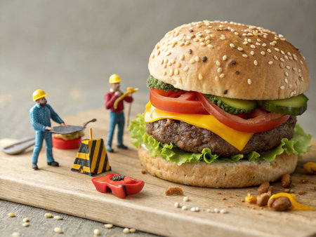 Cheeseburger with workers on wooden board, close-upの素材