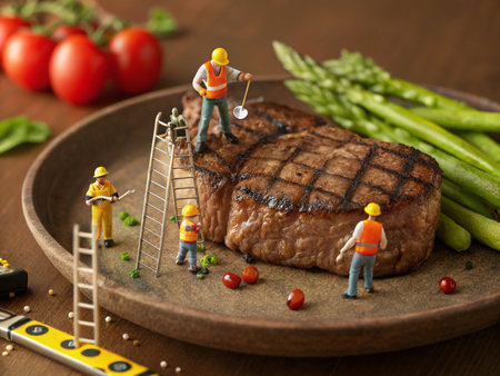 Grilled steak with asparagus and miniature workers on a plateの素材