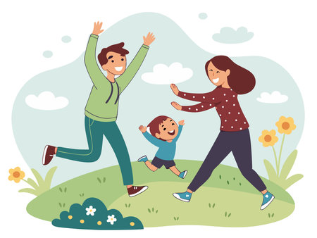 Happy family playing in the park. Father, mother and son having fun together. Vector illustrationの写真素材