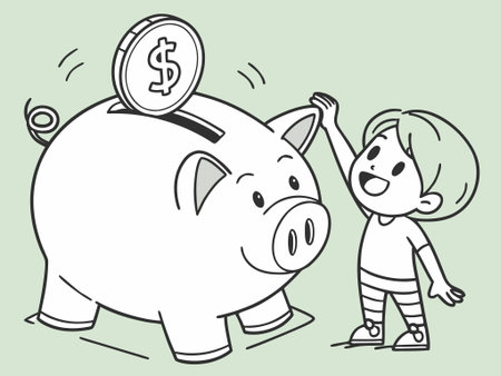 Illustration of a little girl saving money in a piggy bankの素材