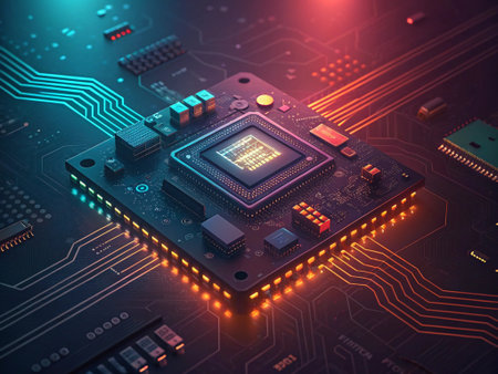 Circuit board with microchips and connections. 3d renderingの素材