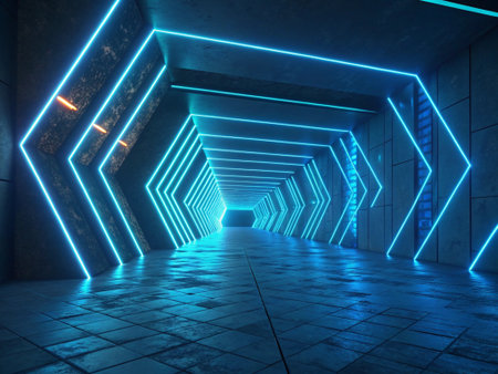 3D render of a futuristic corridor with neon lights and reflections.の素材