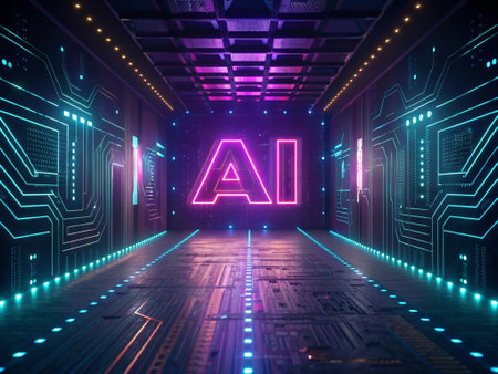 3D abstract background with neon lights and the word AI. Concept of artificial intelligence.の素材