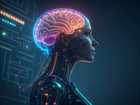 3d rendering of female head with brain and circuit board in backgroundの素材