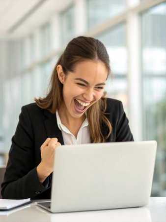 Excited businesswoman using laptop computer in office. Successful businesswoman sitting at workplace and celebrating success. Success conceptの素材