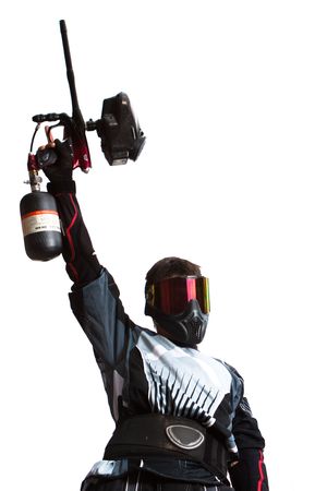 paintball shooter holding a gun, isolated on white