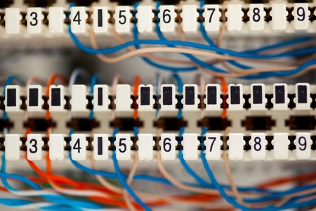 telephone switchboard panel with wiresの写真素材