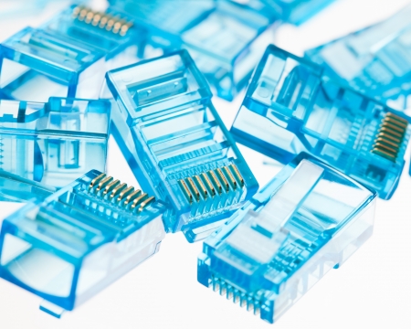blue lan plugs, close-up view