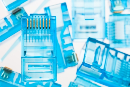ethernet rj45 blue lan plugs, close-up view