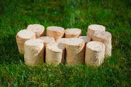 wooden pellets on green grass backgroundの写真素材