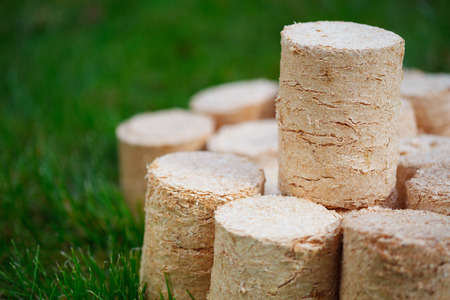 wooden pellets on green grass backgroundの写真素材