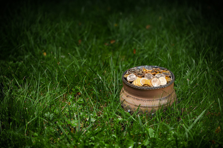 pot with golden coins, Saint Patrick's Day conceptの写真素材