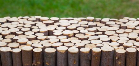 wooden cuts against green lawn backgroundの写真素材