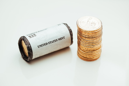 golden dollar coins, US mint rollの写真素材